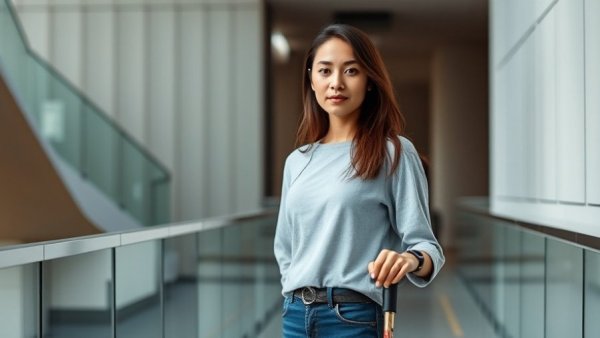 Young woman with a cane standing confidently indoors, relating to medically fragile Medicaid eligibility criteria.