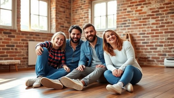 Happy family sitting together in a brick room, highlighting a cozy and welcoming atmosphere.