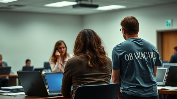 Obamacare enrollment discussion at a desk with papers and laptops.