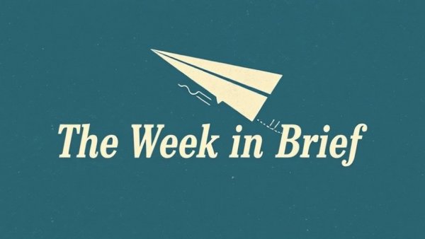 Retro graphic of 'The Week in Brief' with paper airplane on blue background.