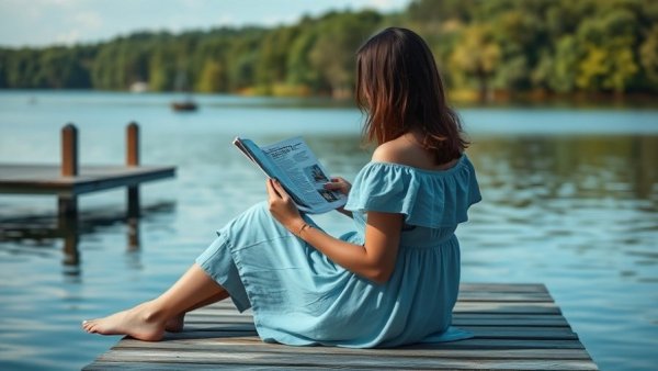 Woman relaxing and reading by a lake, illustrating menopause-friendly holiday tips.