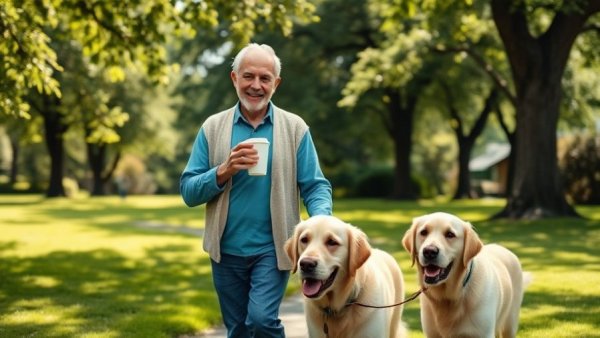 Older couple enjoying coffee and a walk in the park, discussing the impact of tea and coffee on bone health.