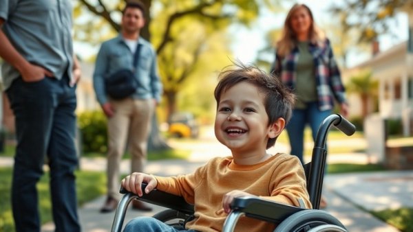 Child in wheelchair and adults in a suburban area.