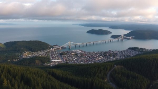 Aerial view of coastal town and bridge in Oregon, lush hills.