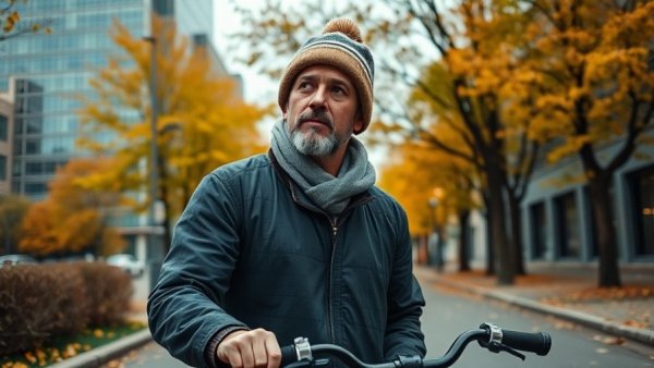 Man with bicycle in urban autumn setting, Washington D.C., focusing on homeless crisis.
