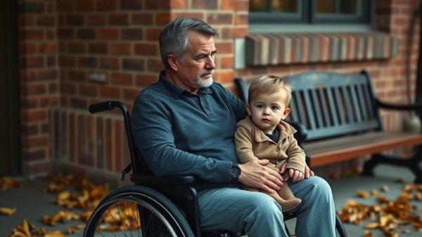 Man in wheelchair with child outside brick building, daylight.