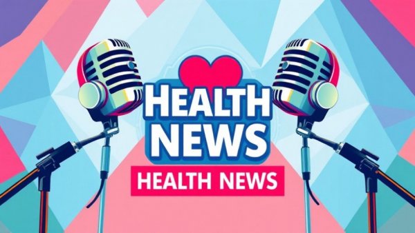 Retro health news illustration with microphones and headphones in bold colors.