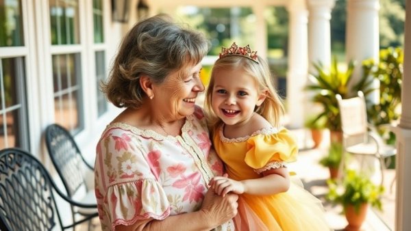 Grandmother holding granddaughter on porch, highlighting bond and joy amid Medicaid cuts in ABA therapy.