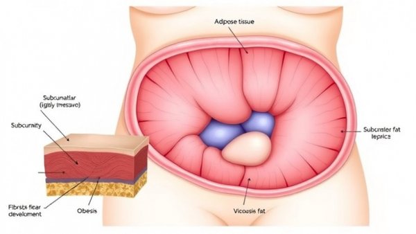 Educational diagram of fat and fibrosis in midlife women showing obesity progression.