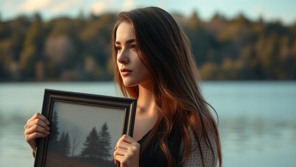 A woman holds a photograph by a calm lake, highlighting cosmetic surgery advertisements possibilities.