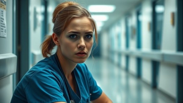 Depressed nurse in hospital hallway highlights Iowa OB-GYN shortage.