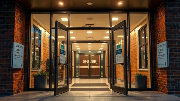 Welcoming modern entrance of a shelter with glass doors