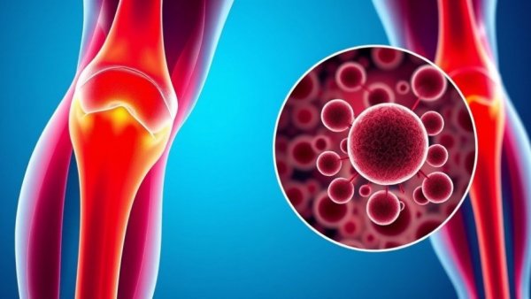 Medical depiction of magnetic nanoparticles targeting bone cancer in a knee joint.