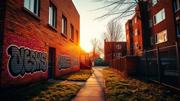 Fred Hampton Free Store building with graffiti in sunset lighting
