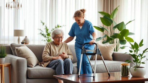 Crisis del cuidado en casa: caregiver assisting elderly woman in living room.