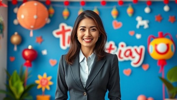 Professional woman smiling against festive blue backdrop, GOP Cuts to Medicaid.