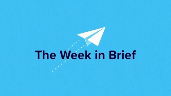 Minimalistic paper airplane with 'The Week in Brief' text on blue background.