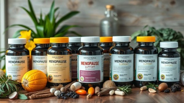 Supplements for Menopause bottles on a wooden table, surrounded by herbs.