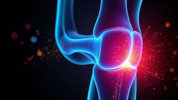 Futuristic knee joint visualization illustrating cartilage regrowth for arthritis treatment.