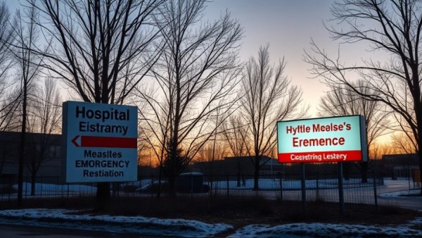 Hospital emergency and measles testing signs amid barren winter scenery.