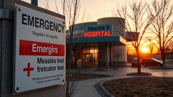 Hospital signage indicating measles testing in the U.S., rural setting.