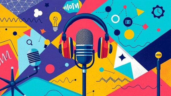 Colorful podcast media illustration with microphones and headphones, vibrant layout.