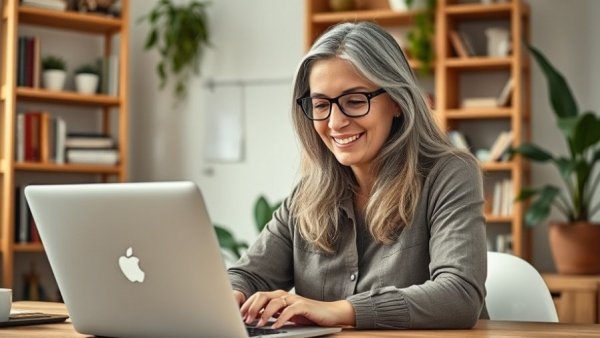 Middle-aged woman at Menopause Bootcamp, working on laptop in home office.