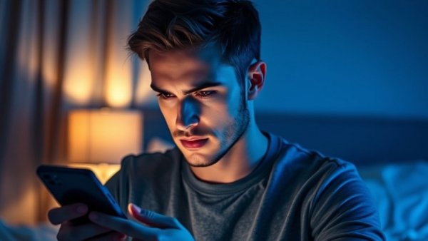 Young man in bed looking at phone, highlighting higher heart disease risk and late bedtimes.