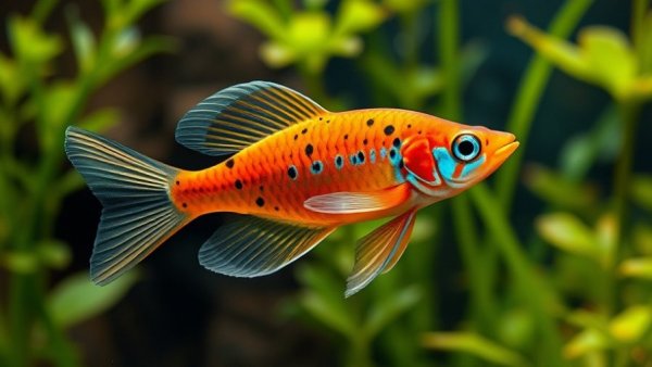 Colorful killifish swimming gracefully in lush aquarium.