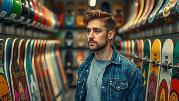 Thoughtful man in skateboard shop surrounded by colorful decks.
