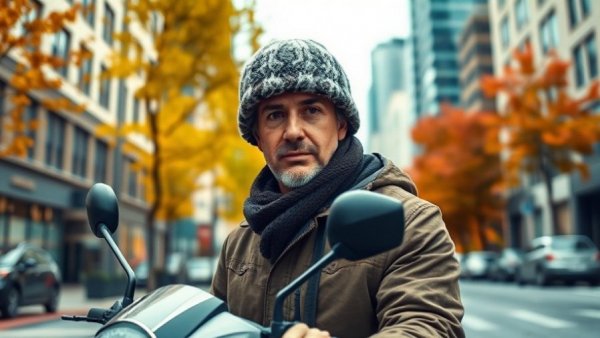 Man with winter hat and scooter in urban Washington D.C. setting.