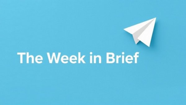 Minimalist illustration with paper airplane and 'The Week in Brief' text, blue background.