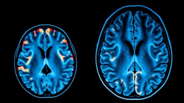 MRI scan illustrating menopause grey matter loss, colorful brain visualization.