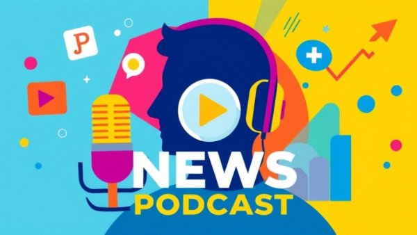 Vibrant health news podcast graphic with audio and chart icons