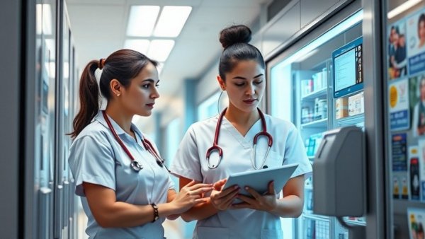 U.S. nurses discussing in a hospital pharmacy room