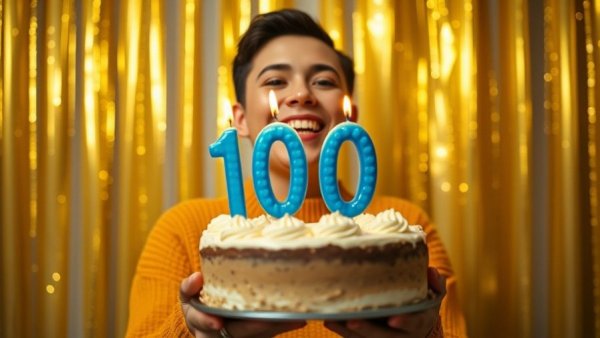 Centennial cake with 100 candles held by person, festive background.