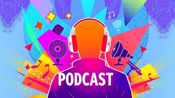 Colorful podcast illustration featuring headphones, microphones, and media symbols.