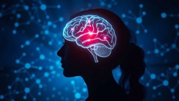 Silhouette of woman with glowing brain, digital blue background, midlife women's strength.