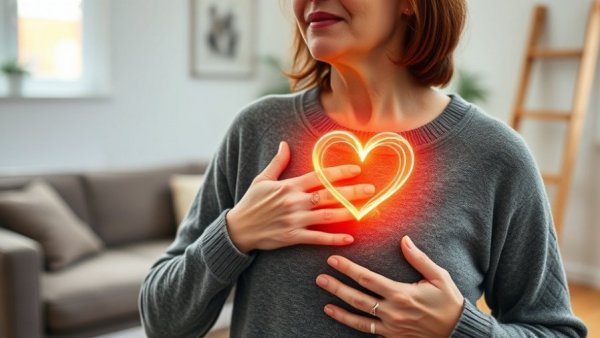 Heart Disease in US Women by 2050: Woman with chest pain and glowing heart illustration.