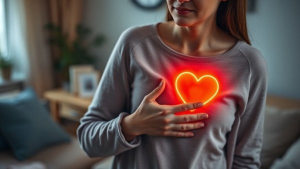Woman with heart pain in cozy home setting, cardiovascular disease concern.
