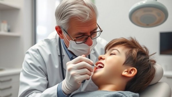 Caring dentist checking young patient, Medicaid dental care expansion.
