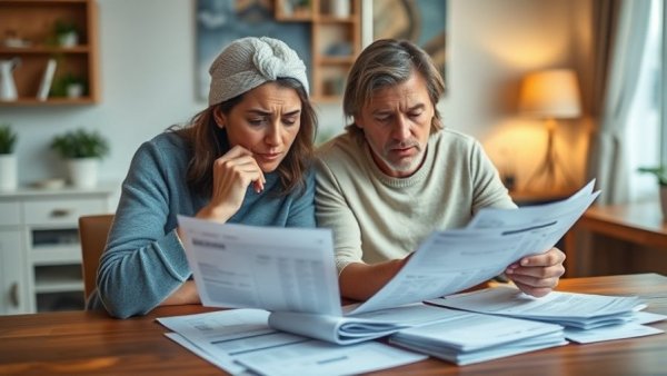 Couple reviewing medical bills, depicting healthcare costs.