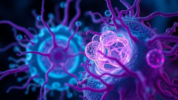 Colorful laser printed hydrogel implant for bone repair under a microscope, showing vivid teal and purple bio-material interactions.