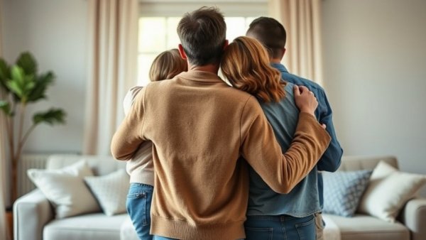 Small family embracing indoors, depicting warmth and connection in a cozy setting.