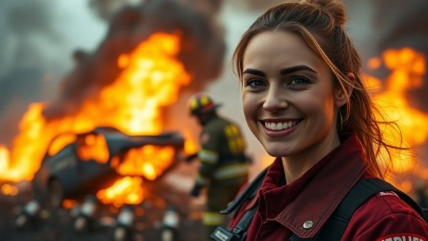 Brave paramedic and emergency scene portraying allostatic load during menopause.