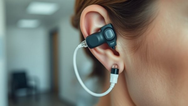 NET Recovery device for opioid withdrawal on woman's ear.