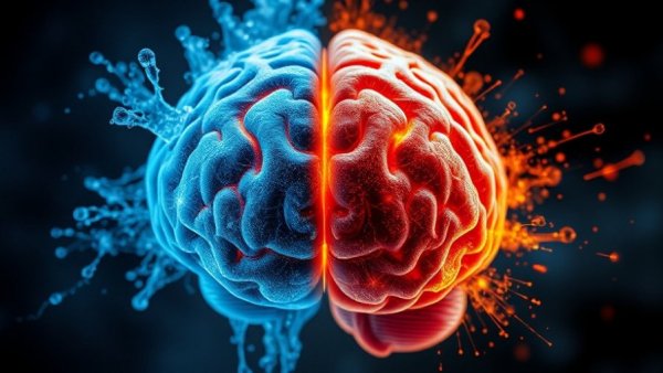 Illustration of NAD+ benefits for aging: dual-colored energized brain.