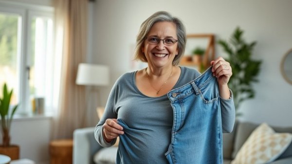 Weight loss for women over 50: Happy woman holding loose jeans.