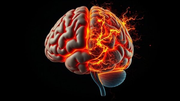Illustration of a brain, contrasting halves with fiery electrics, symbolizing neuroactivity.