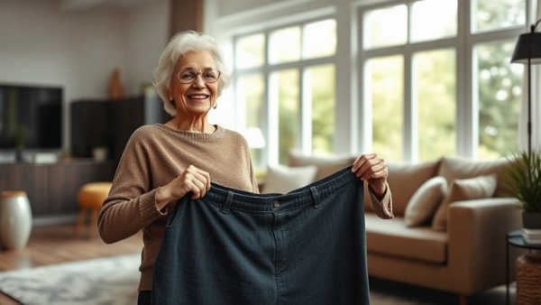 Joyful woman in loose pants symbolizing weight loss; hormone therapy and tirzepatide.